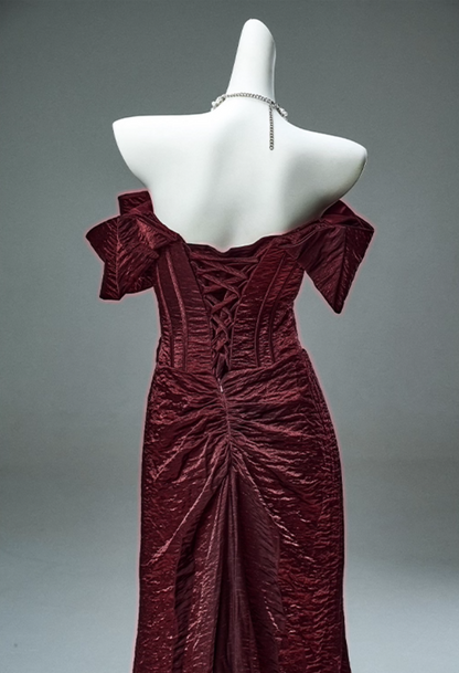 Dreamy Off-Shoulder Sheath Red Evening Gowns Alluring Gathered Slit Prom Dress AP3893