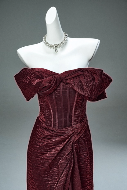 Dreamy Off-Shoulder Sheath Red Evening Gowns Alluring Gathered Slit Prom Dress AP3893