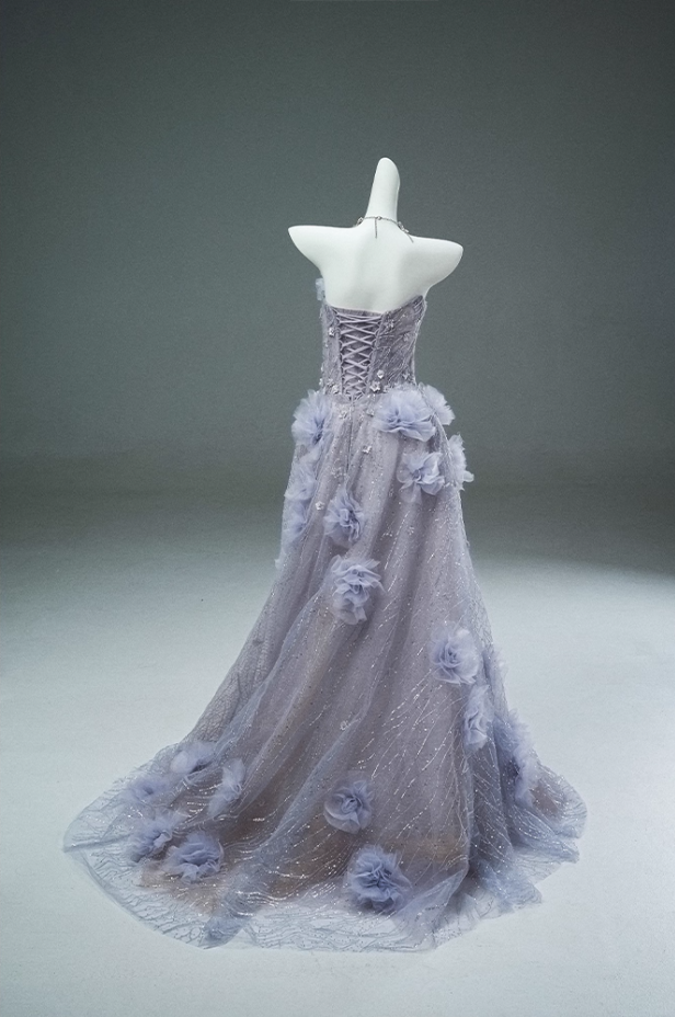 Ethereal A-Line Strapless Ruffles Tulle Sweet 16th Gowns Flattering Handmade Flowers Sequins Prom Dress AP3894