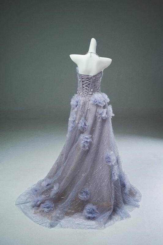 Ethereal A-Line Strapless Ruffles Tulle Sweet 16th Gowns Flattering Handmade Flowers Sequins Prom Dress AP3894