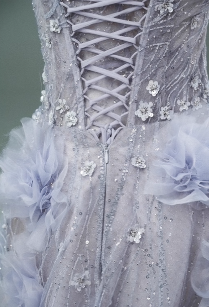 Ethereal A-Line Strapless Ruffles Tulle Sweet 16th Gowns Flattering Handmade Flowers Sequins Prom Dress AP3894