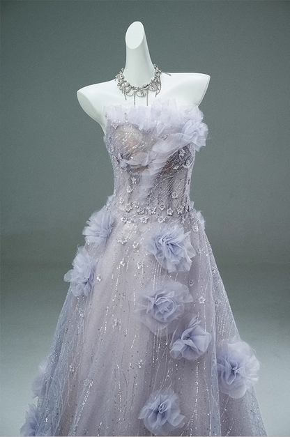 Ethereal A-Line Strapless Ruffles Tulle Sweet 16th Gowns Flattering Handmade Flowers Sequins Prom Dress AP3894