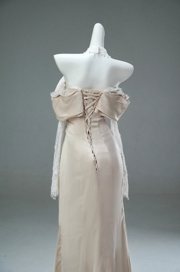 Gorgeous Off-Shoulder Sheath Ruched Evening Gowns Simple Long Lace Sleeve Beading Prom Dress AP3896