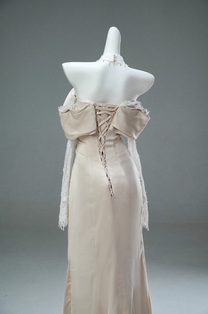 Gorgeous Off-Shoulder Sheath Ruched Evening Gowns Simple Long Lace Sleeve Beading Prom Dress AP3896