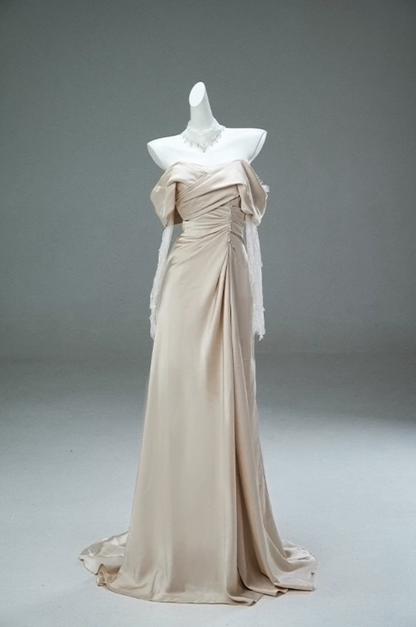 Gorgeous Off-Shoulder Sheath Ruched Evening Gowns Simple Long Lace Sleeve Beading Prom Dress AP3896