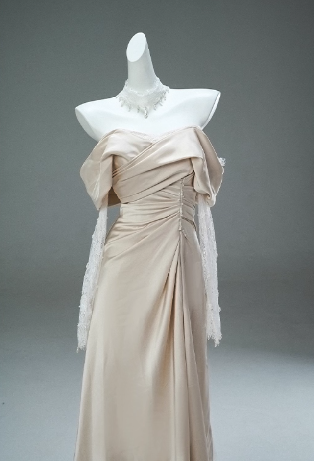 Gorgeous Off-Shoulder Sheath Ruched Evening Gowns Simple Long Lace Sleeve Beading Prom Dress AP3896