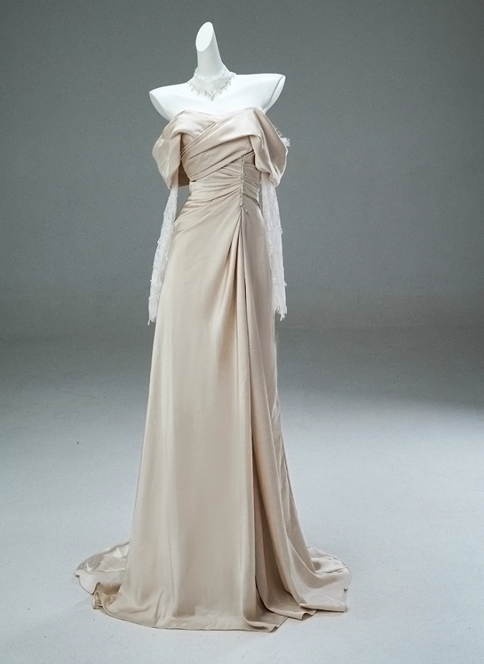 Gorgeous Off-Shoulder Sheath Ruched Evening Gowns Simple Long Lace Sleeve Beading Prom Dress AP3896