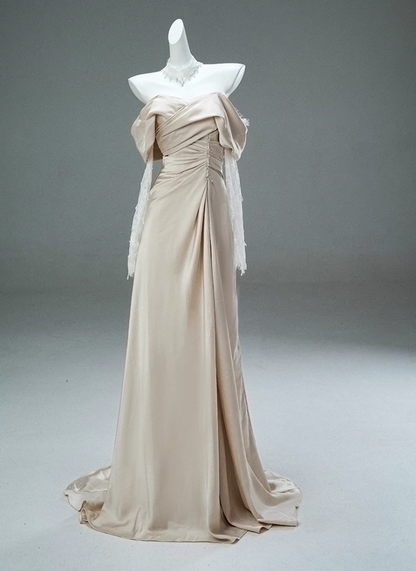 Gorgeous Off-Shoulder Sheath Ruched Evening Gowns Simple Long Lace Sleeve Beading Prom Dress AP3896