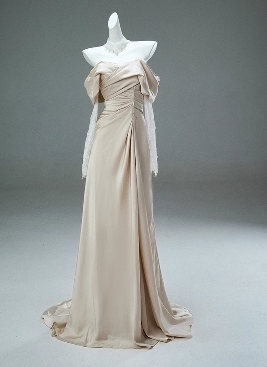 Gorgeous Off-Shoulder Sheath Ruched Evening Gowns Simple Long Lace Sleeve Beading Prom Dress AP3896