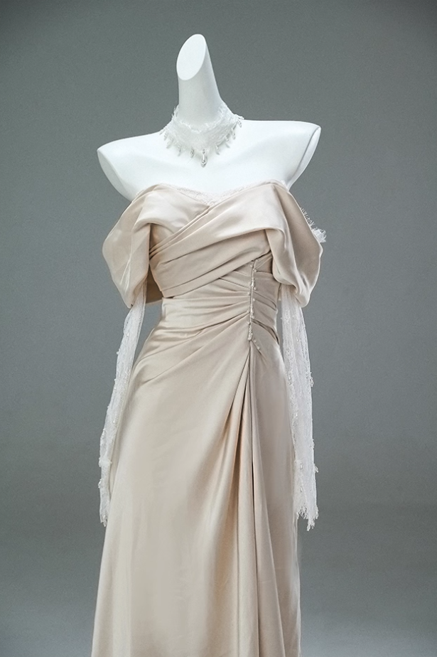 Gorgeous Off-Shoulder Sheath Ruched Evening Gowns Simple Long Lace Sleeve Beading Prom Dress AP3896