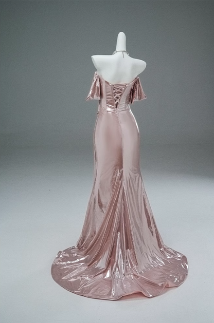 Glam Off-Shoulder Sheath Evening Gowns Lustrous Minimalism Draped Prom Dress AP3897