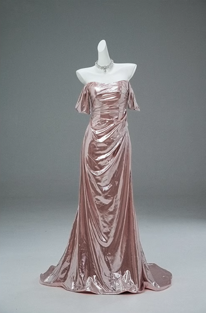 Glam Off-Shoulder Sheath Evening Gowns Lustrous Minimalism Draped Prom Dress AP3897