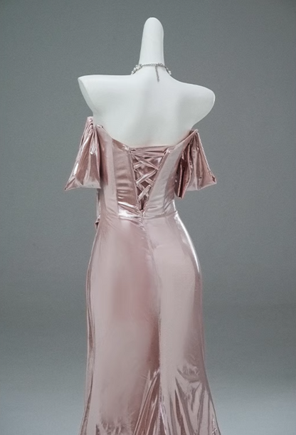 Glam Off-Shoulder Sheath Evening Gowns Lustrous Minimalism Draped Prom Dress AP3897