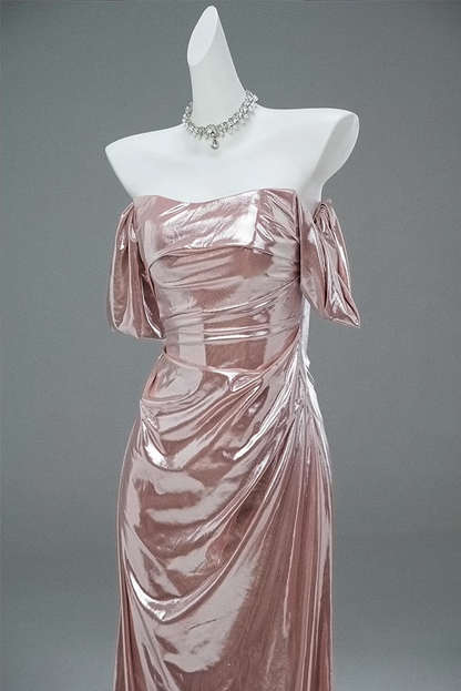 Glam Off-Shoulder Sheath Evening Gowns Lustrous Minimalism Draped Prom Dress AP3897