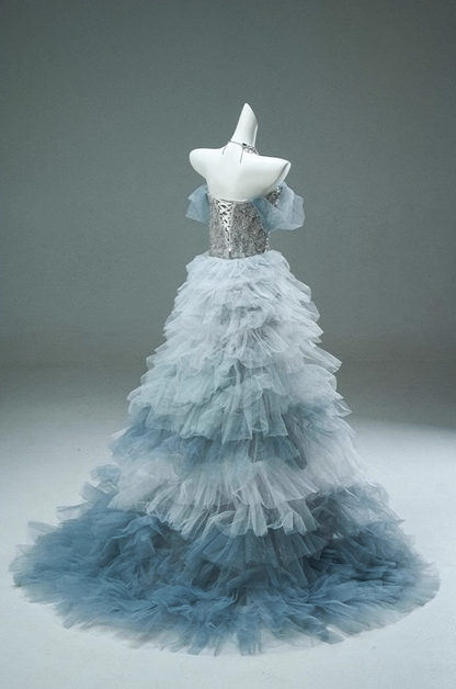 Glamorous Off-Shoulder Sheath Evening Gowns Sheen Beading Sequins Tulle Train Prom Dress AP3898