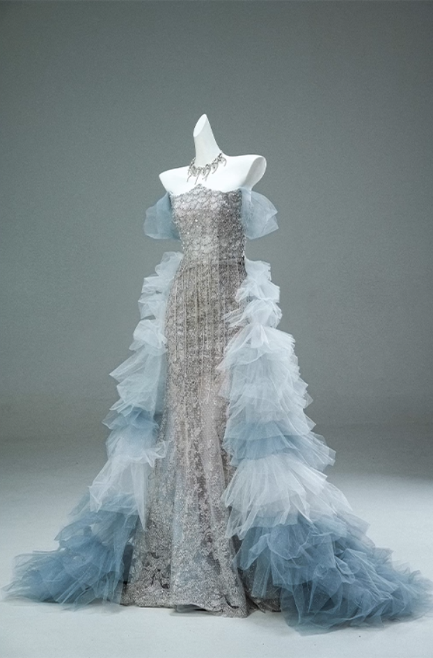 Glamorous Off-Shoulder Sheath Evening Gowns Sheen Beading Sequins Tulle Train Prom Dress AP3898