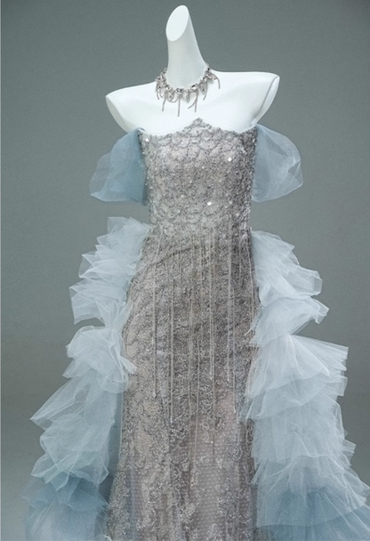 Glamorous Off-Shoulder Sheath Evening Gowns Sheen Beading Sequins Tulle Train Prom Dress AP3898