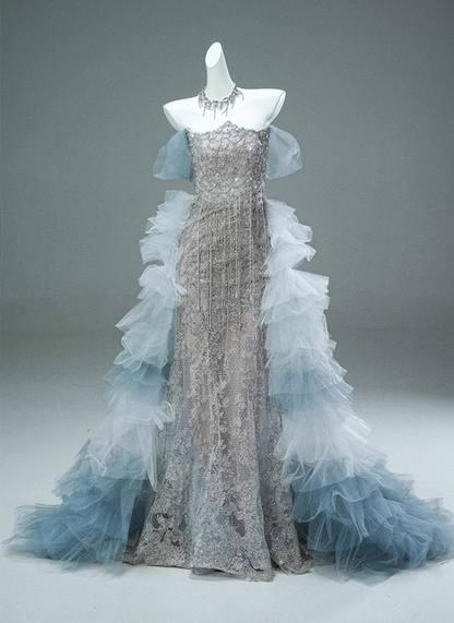 Glamorous Off-Shoulder Sheath Evening Gowns Sheen Beading Sequins Tulle Train Prom Dress AP3898