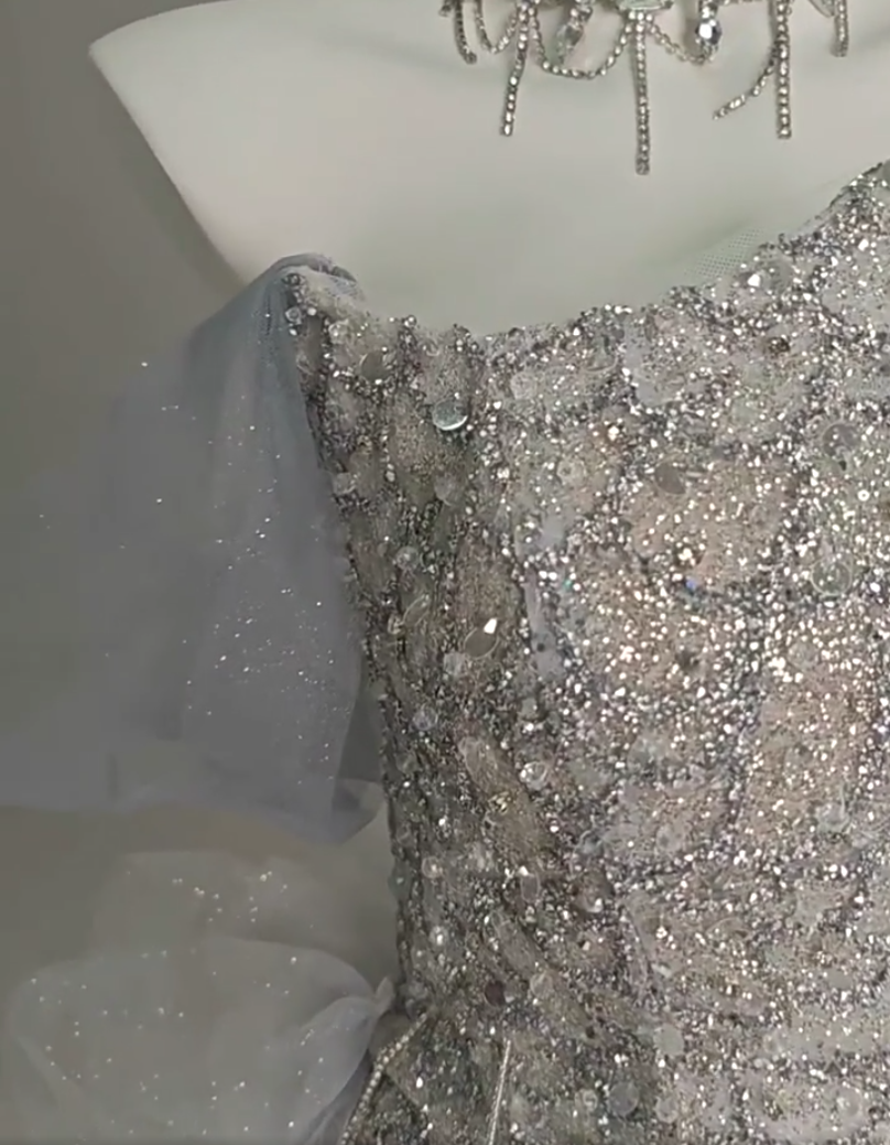 Glamorous Off-Shoulder Sheath Evening Gowns Sheen Beading Sequins Tulle Train Prom Dress AP3898