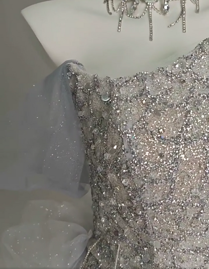 Glamorous Off-Shoulder Sheath Evening Gowns Sheen Beading Sequins Tulle Train Prom Dress AP3898