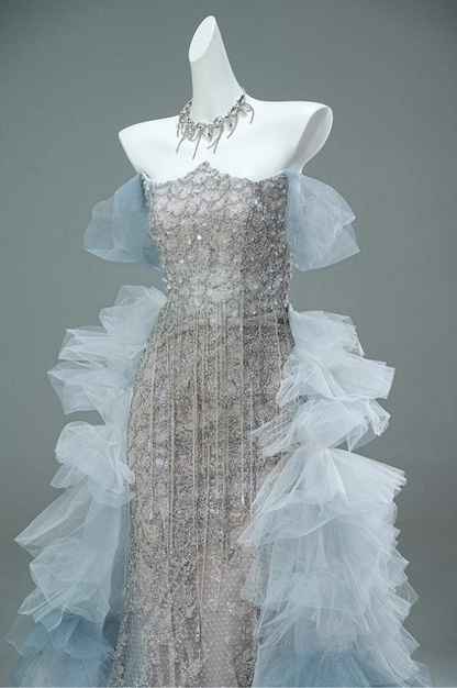 Glamorous Off-Shoulder Sheath Evening Gowns Sheen Beading Sequins Tulle Train Prom Dress AP3898