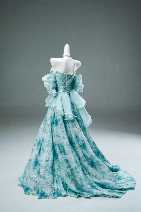 Dramatic A-Line Off-Shoulder Floral Print Evening Gowns Pretty Appliques Beading Ruffles Prom Dress AP3899