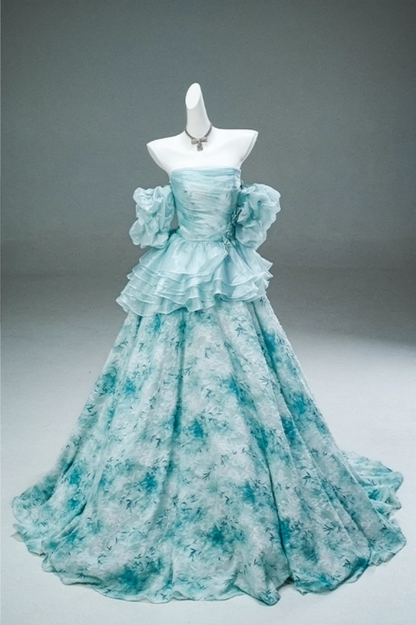 Dramatic A-Line Off-Shoulder Floral Print Evening Gowns Pretty Appliques Beading Ruffles Prom Dress AP3899