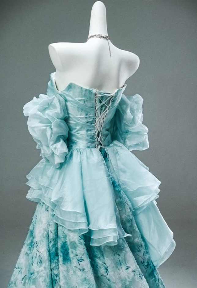 Dramatic A-Line Off-Shoulder Floral Print Evening Gowns Pretty Appliques Beading Ruffles Prom Dress AP3899