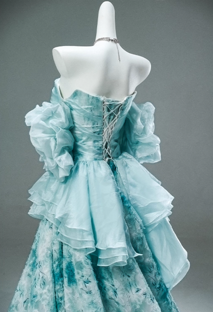 Dramatic A-Line Off-Shoulder Floral Print Evening Gowns Pretty Appliques Beading Ruffles Prom Dress AP3899