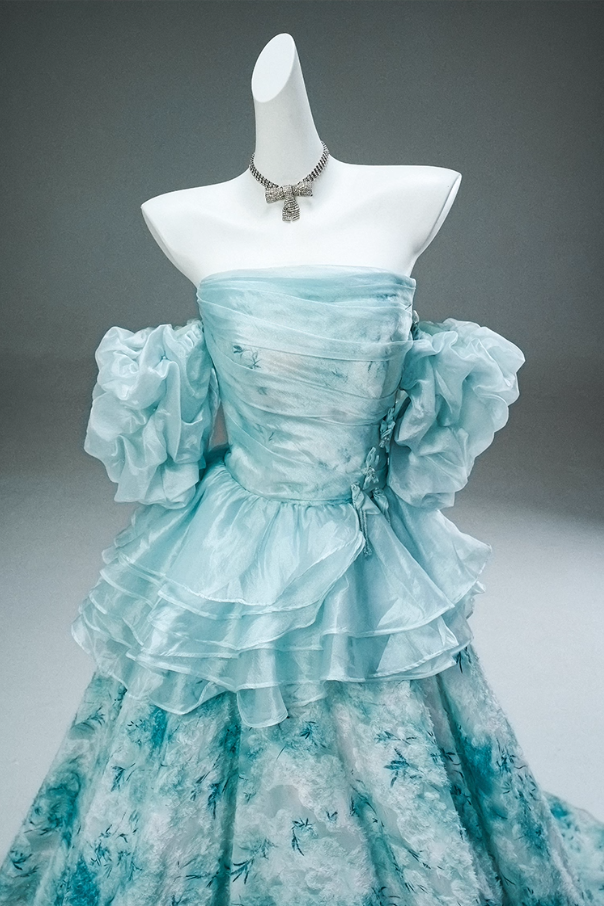 Dramatic A-Line Off-Shoulder Floral Print Evening Gowns Pretty Appliques Beading Ruffles Prom Dress AP3899