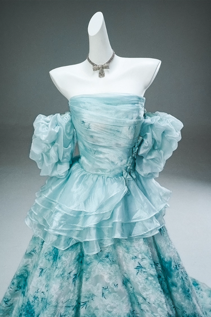 Dramatic A-Line Off-Shoulder Floral Print Evening Gowns Pretty Appliques Beading Ruffles Prom Dress AP3899