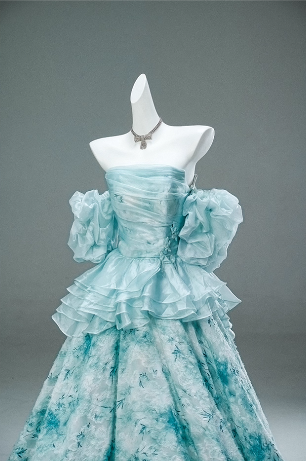 Dramatic A-Line Off-Shoulder Floral Print Evening Gowns Pretty Appliques Beading Ruffles Prom Dress AP3899