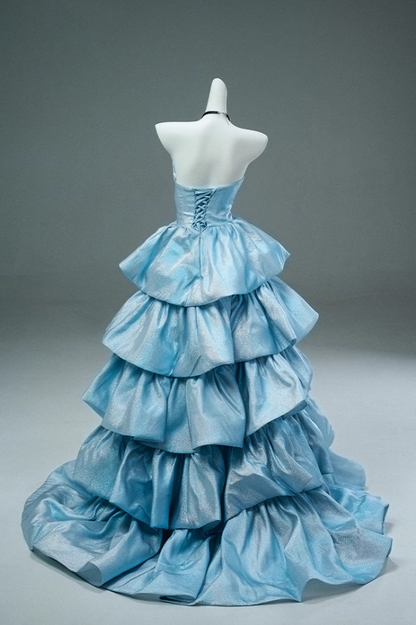 Stunning A-Line Strapless Sweet 16th Gowns Stylish Beads Tiered Prom Dress AP3900