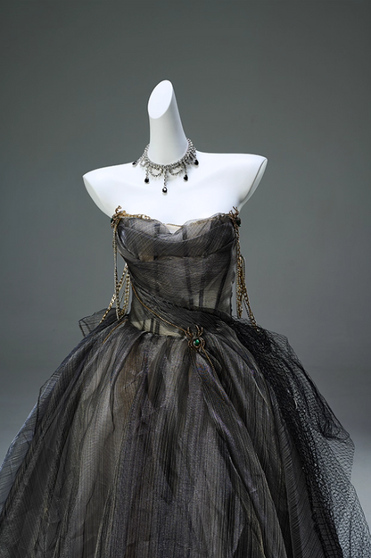 Unique Off-Shoulder A-Line Sweet 16th Gowns Gothic-Style Chain Crystals Tulle Prom Dress AP3902