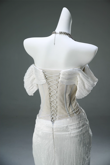 Fashionable Off-Shoulder Sheath Bridal Gowns Fancy Beading Rhinestones Gathered Tulle White Wedding Dress AP3903