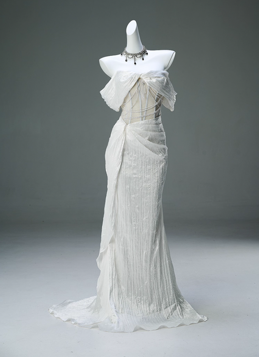 Fashionable Off-Shoulder Sheath Bridal Gowns Fancy Beading Rhinestones Gathered Tulle White Wedding Dress AP3903