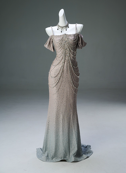 French Style Off-Shoulder Sheath Evening Gowns Sparkly Beading Rhinestones Ombre Prom Dress AP3904