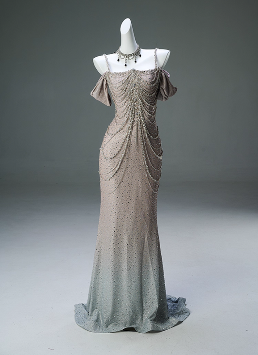 French Style Off-Shoulder Sheath Evening Gowns Sparkly Beading Rhinestones Ombre Prom Dress AP3904