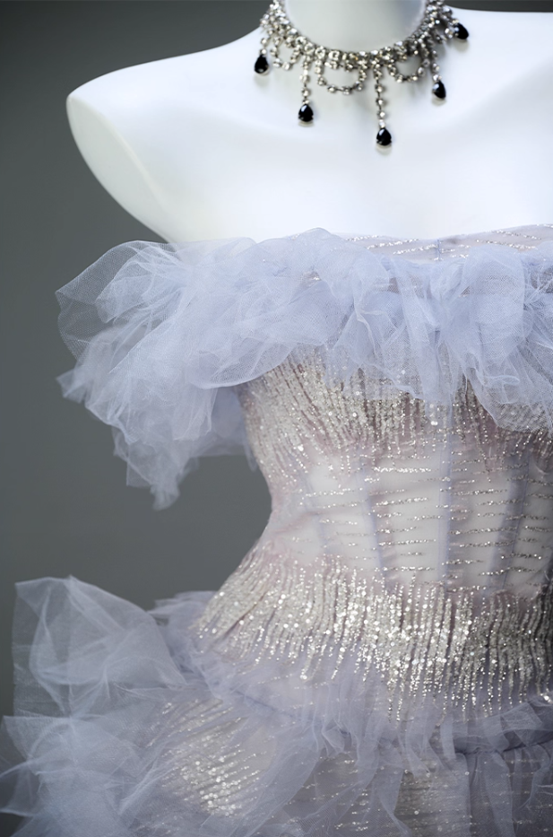 Dopamine Style A-Line Strapless Sweet 16th Dresses Dreamy Sequins Tiered Tulle Prom Dress AP3906