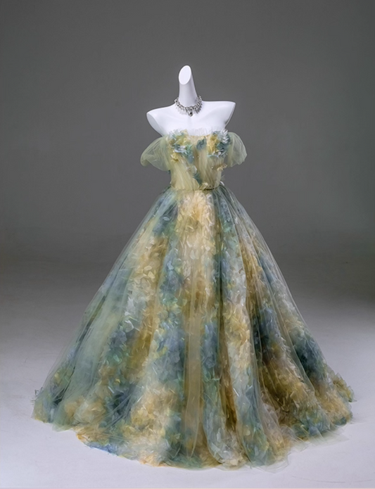 Adorable Off-Shoulder A-Line Sweet 16th Gowns Glamours Tulle 3D Appliques Beads Prom Dress AP3907