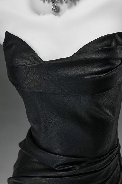 Simple Strapless Mermaid Black Evening Gowns Sexy Ruched Lace-Up Prom Dress AP3908