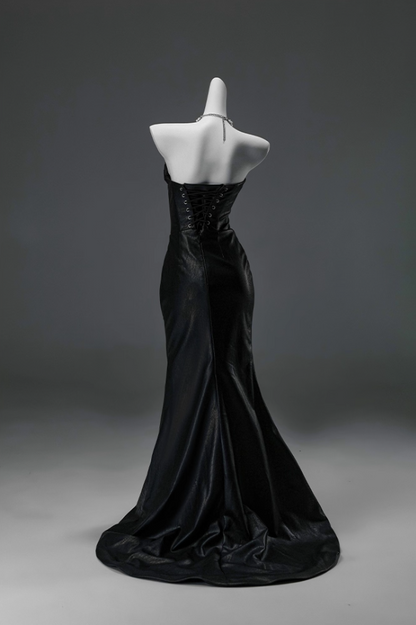 Simple Strapless Mermaid Black Evening Gowns Sexy Ruched Lace-Up Prom Dress AP3908