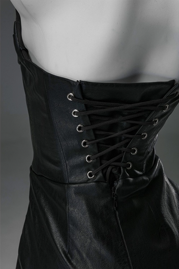 Simple Strapless Mermaid Black Evening Gowns Sexy Ruched Lace-Up Prom Dress AP3908