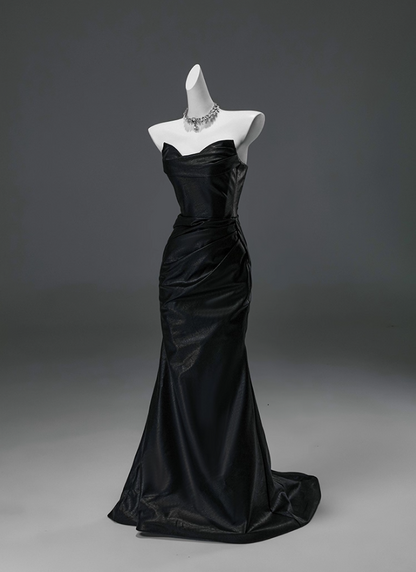 Simple Strapless Mermaid Black Evening Gowns Sexy Ruched Lace-Up Prom Dress AP3908