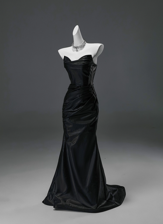 Simple Strapless Mermaid Black Evening Gowns Sexy Ruched Lace-Up Prom Dress AP3908