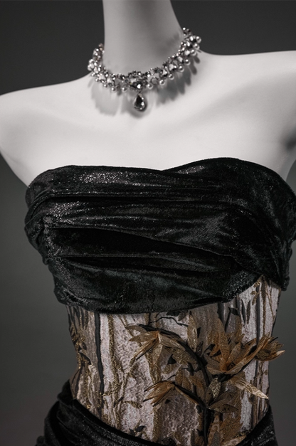 Playful Strapless Sheath Sweet 16th Dresses Bling Ruched Black 3D Bamboo Embroidery Prom Dress AP3909