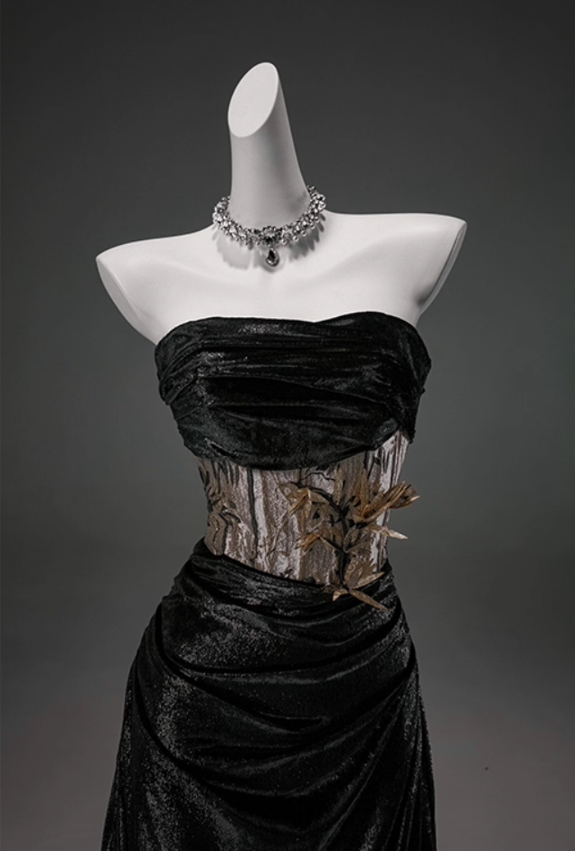 Playful Strapless Sheath Sweet 16th Dresses Bling Ruched Black 3D Bamboo Embroidery Prom Dress AP3909