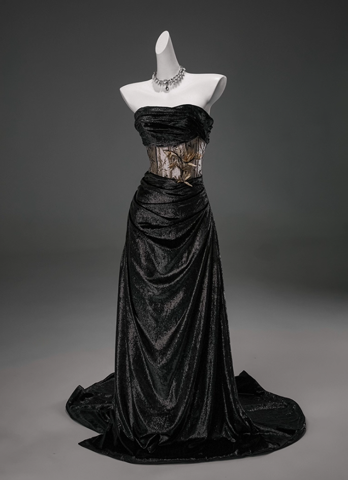 Playful Strapless Sheath Sweet 16th Dresses Bling Ruched Black 3D Bamboo Embroidery Prom Dress AP3909