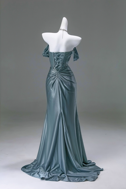 Minimalist Sheath Off-Shoulder Evening Gowns Classical Ruched High-Slit Prom Dress AP3910