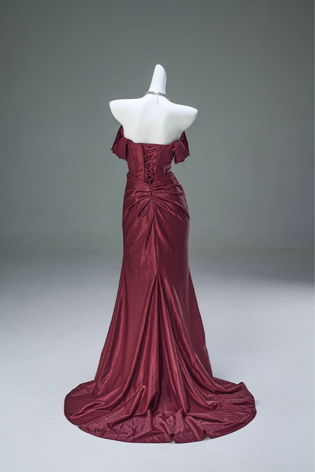 Simple Sheath Off-Shoulder Evening Gowns Glam High-Slit Ruched Red Prom Dress AP3911